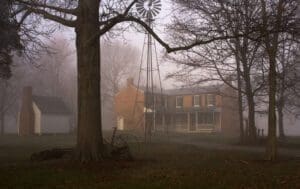 The back of the Farnsley–Moreman house on a foggy late winter morning